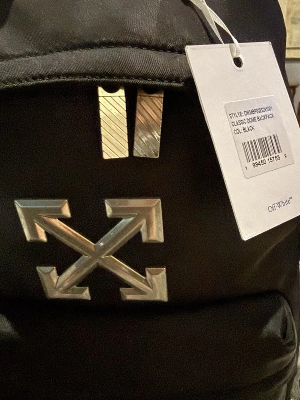 Off-White Black Zip Backpack Men's Solid Pattern Adjustable Strap Travel Casual